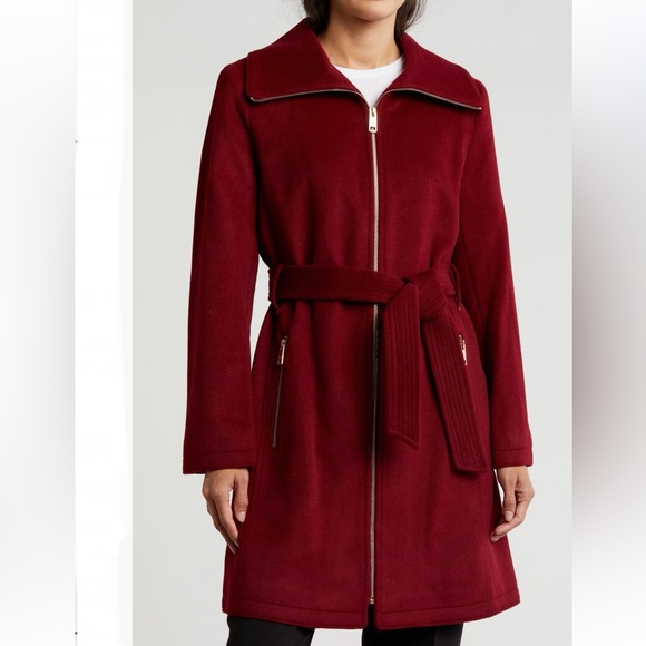 Michael Kors Belted Wool Blend Coat In Dark Brandy Color - Size Large - Reemoly